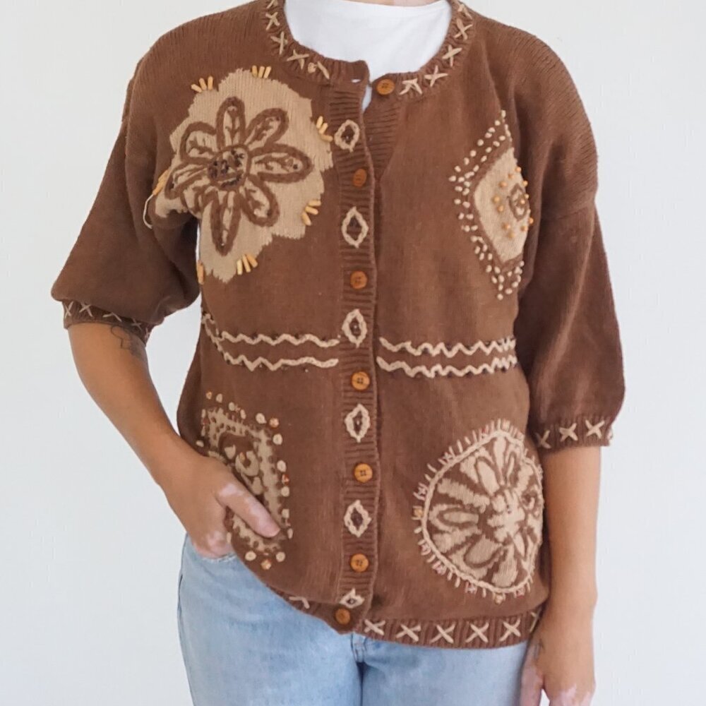 Vintage Portraits Brown Hand Embroidered Floral Cotton Knit Button Cardigan L